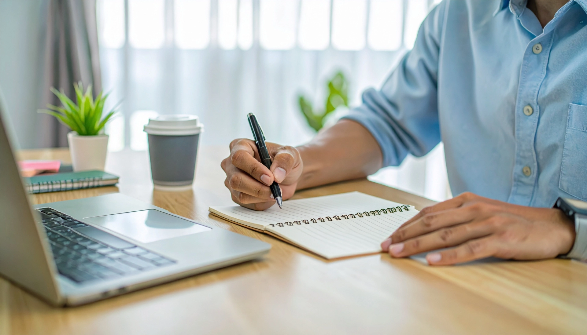 PCを前にノートに書き込む男性