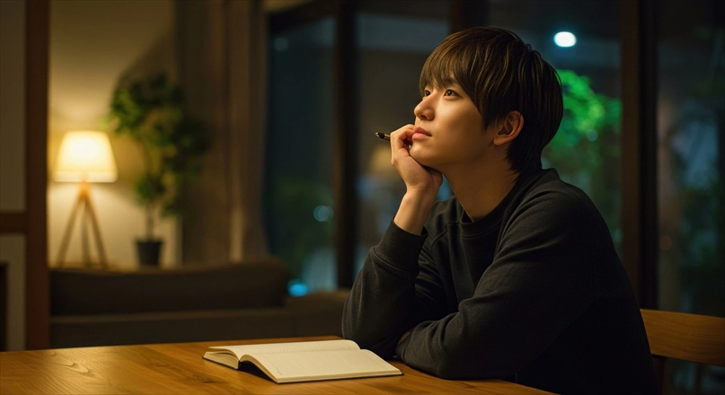 部屋で考える若者