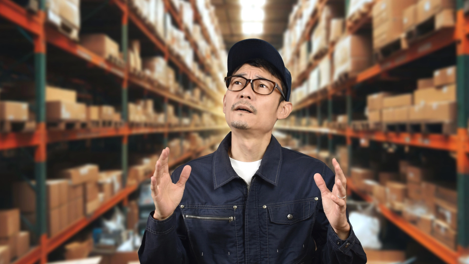 在庫の山で困惑する作業員