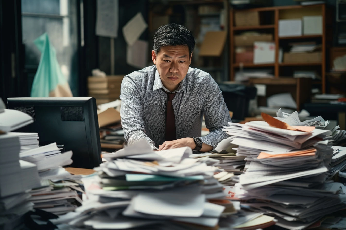 書類に埋もれて考え込む男性